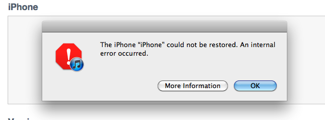 The iPhone “iPhone” could not be restored. An internal error has occured.